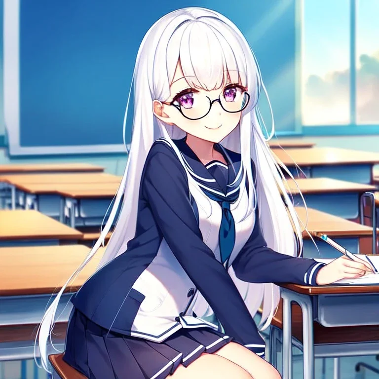 girl, masterpiece, best quality, volumetric lighting, detailed outfit, perfect eyes, long hair, white hair, purple eyes, school outfit, sitting on desk, classroom, smiling, glasses,