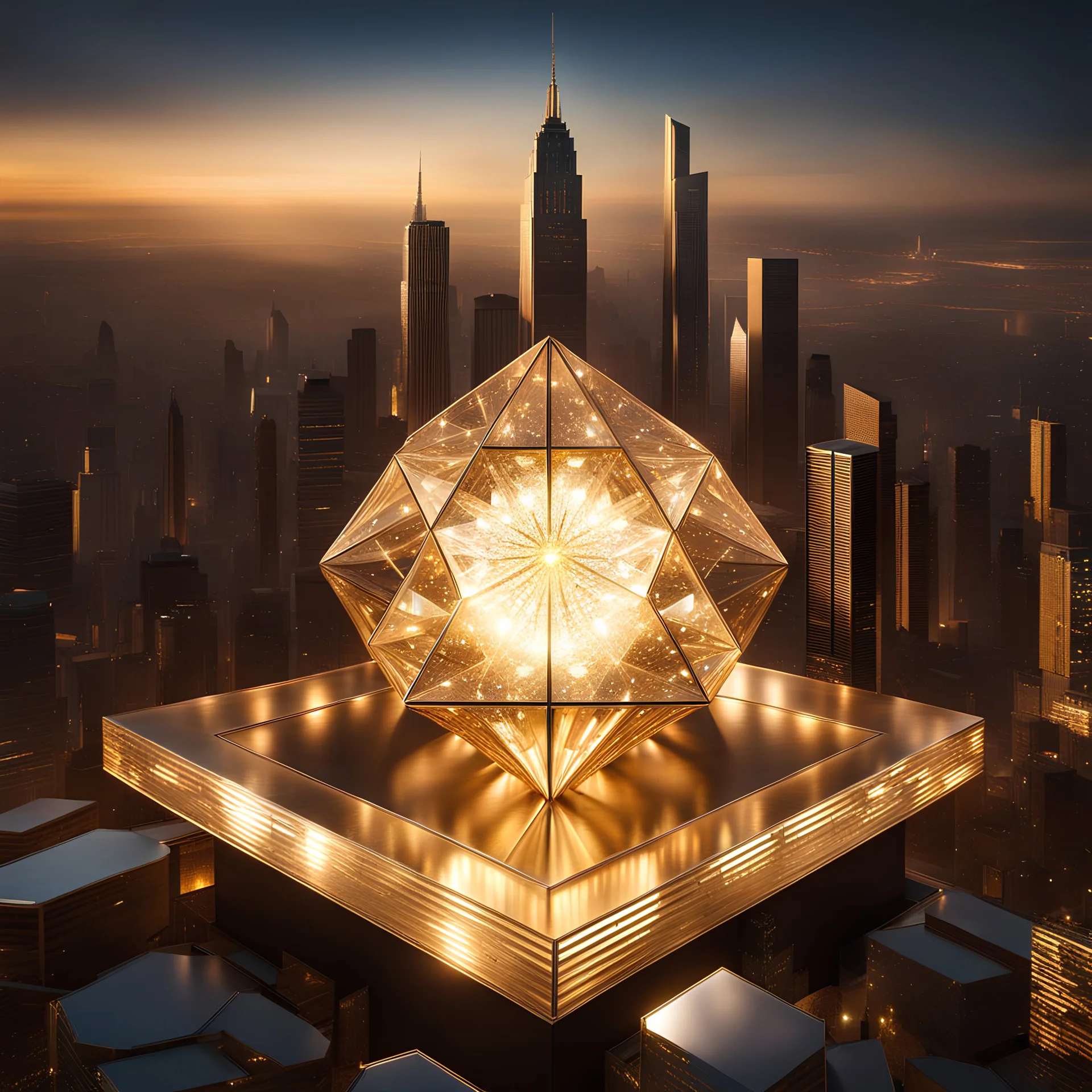 In a mesmerizing scene, envision 4 crystal symetric hexagonal prism repeating 3d mandelbolb fractal structure against the backdrop of a gleaming golden modern futuristic cityscape. Suddenly, without warning, the hexagonal prism begin to collapse and cascade to the floor, creating a symphony of light and sound as they shatter into a myriad of sparkling fragments. Explore the juxtaposition of beauty and destruction in this captivating moment.