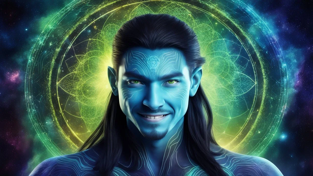 beautiful gorgeous young man na'vi with long hair, Avatar, blue skin, two small ears, green eyes, black hair, in cosmic suit, galactic ambiance, medium pointy goatee , smiling, nebulas and sacred geometry light figures on the backgroud,