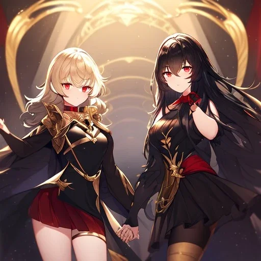 Clear Focus, High resolution, black medium fluffy hair, hair parted so beatifully, red eyes, wearing a red collar, wearing a black shirt that is half black and half gold, one sleeve is golden and the other is black, wearing a short black skirt with gold at the bottom, black fingerless gloves, long golden stockings, smiling, extreme close up