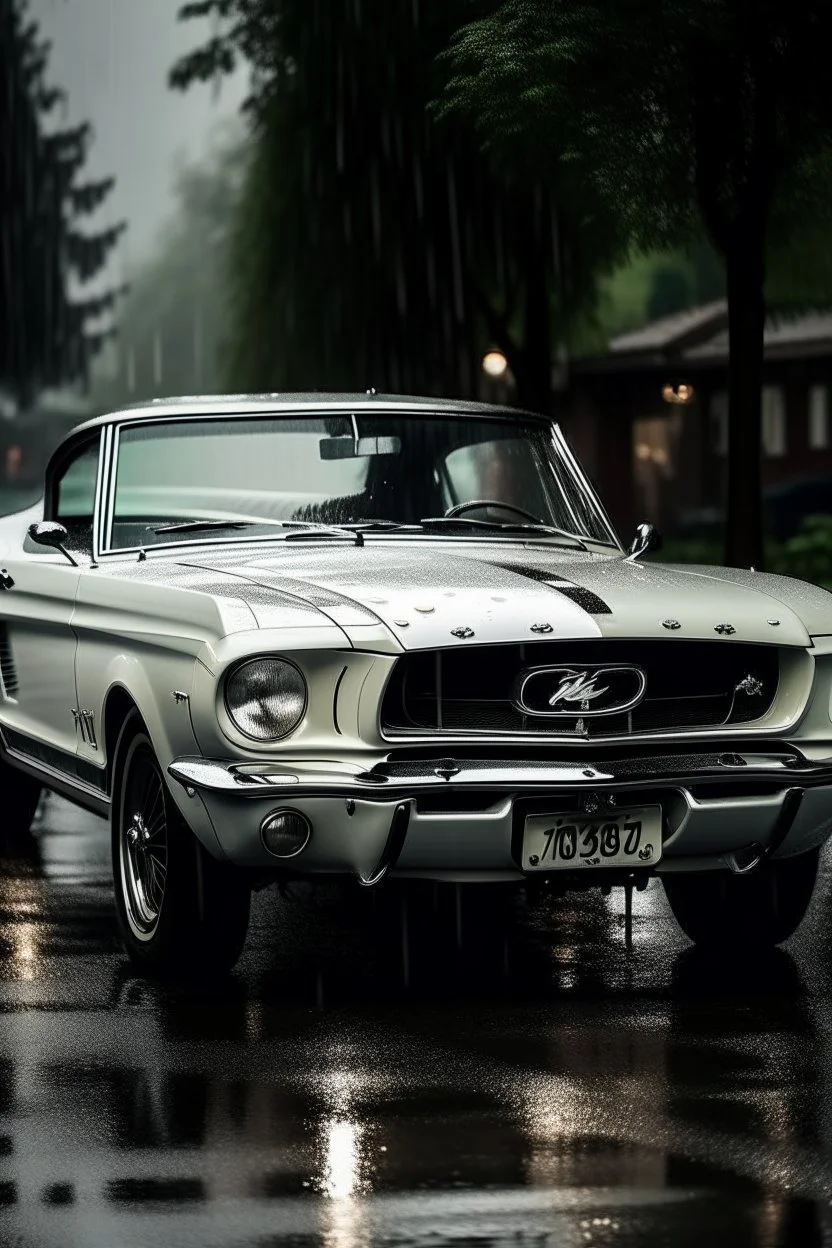 A white mustang convertible car as a soul, rain, dark, apart