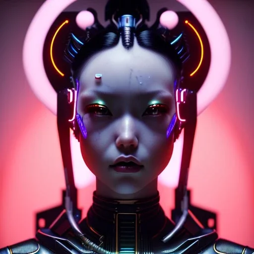 Cyber Woman, black hair, ceramic skin, geisha, cyberpunk, neon, highly detailed, art stations, concept art, smooth, unreal engine 5, god rays, ray tracing, RTX, lumen lighting, ultra detail, volumetric lighting, 3d, finely drawn, high definition, high resolution, gradient background