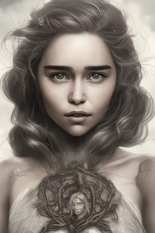 Perfect Emilia clarke face, wearing viking, fullbody, intricate, highly detailed face, highly realistic, fog, fire, particles