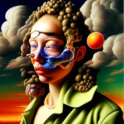 a painting of clouds in orange sunset, by lucian freud and botero, textured, anatomically correct, beautiful woman perfect face, green eyes, sharp focus, highly detailed. desolate background. the royal tenenbaums