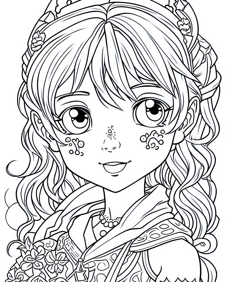 outline art for real Frozen coloring page, Japanese manga style, cartoon style, cute face, white background sketch style, full body is a must, only use outline, clean line art, no shadow, bold outline