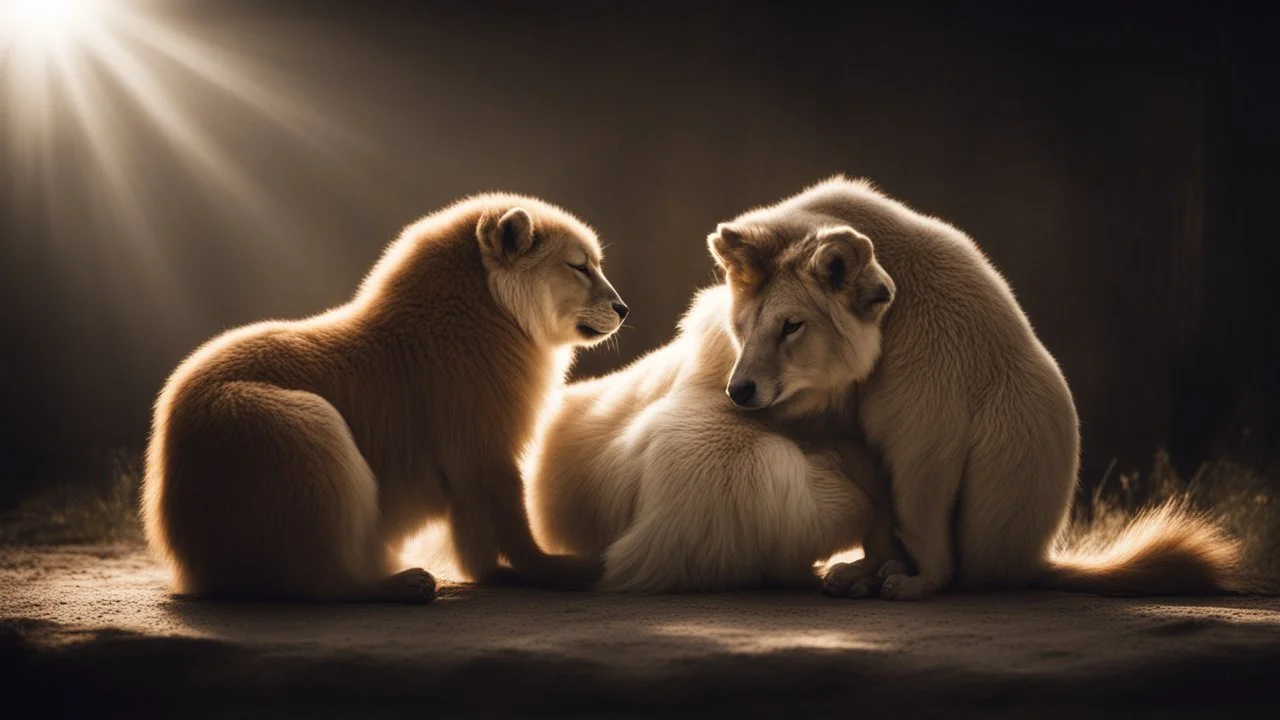 romantic photograph of two animals in a loving relationship, halo lighting, chiaroscuro, beautiful photo