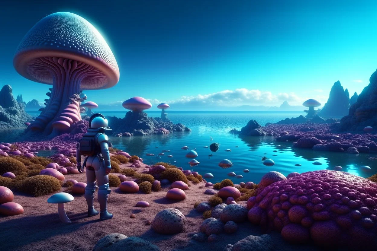 A hyper-realistic 16K 3D photograph of an alien world, with a woman in a spacesuit looking over a rocky shoreline, witch's hat mushrooms with tentacles floating across the sky