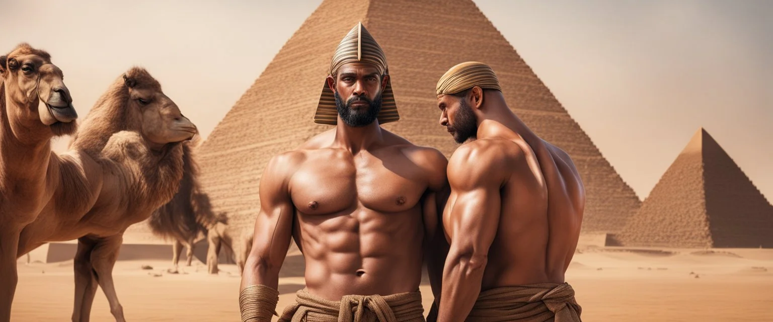 Hyper realistic shirtless muscular male pharaohs hugging & a pyramid behind with a camel