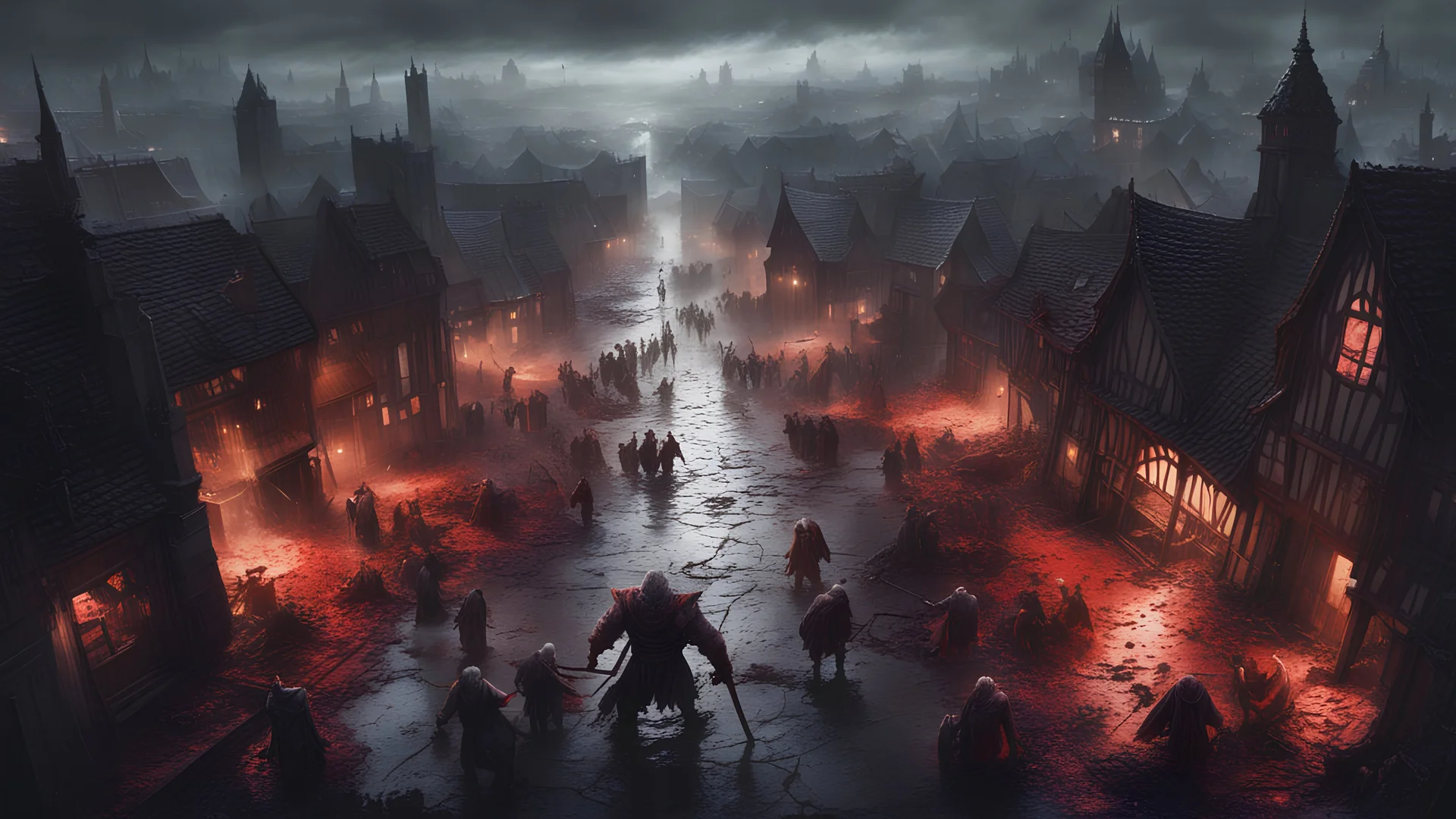 superperspective, birds eye view. Tall White Orcs plundering a medieval town at night. Orcs killing and abducting humans. Covered in blood. puddles of blood in the streets. Brutal scenery, menacing, threatening.