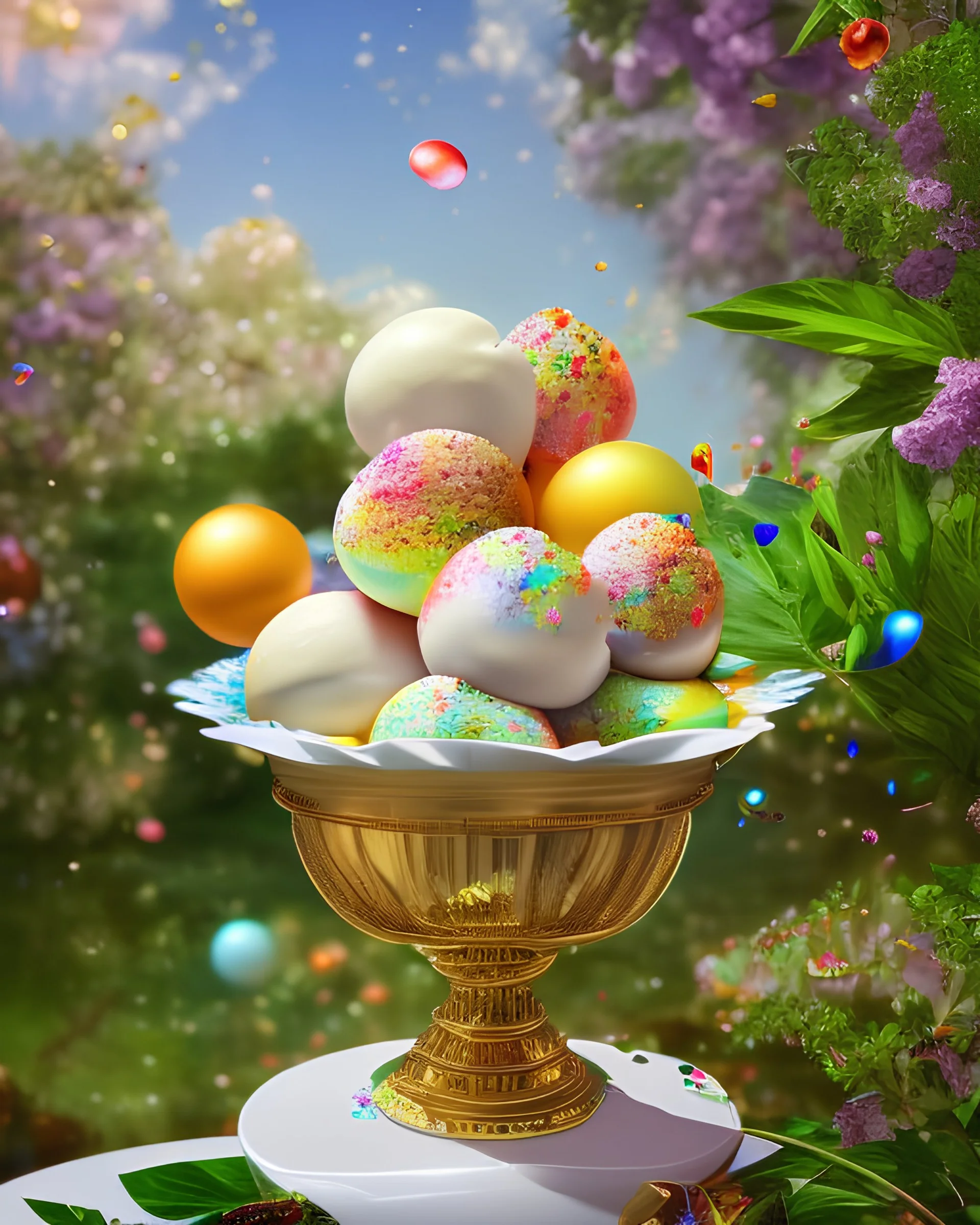 extravagant luxury icecream with extras, on sunny day, bokeh, vibrant color, 8k, RTX, realistic, 3D, Salvador Dali, Alma-Tadema