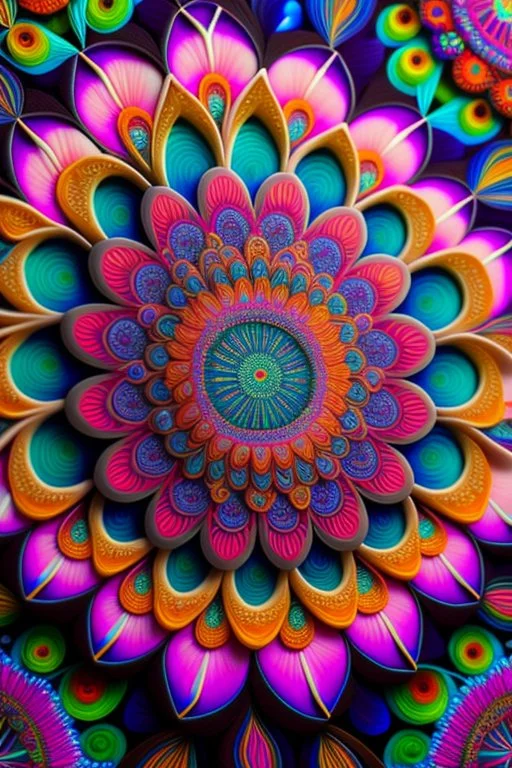 psychedelic mandala made out of flowers, feathers, ultra detailed, photorealistic, vivid colours, intricate details, in the style of Elspeth McLean, 32k