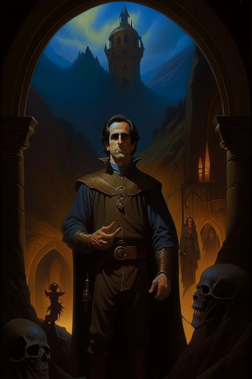 1970's dark medieval fantasy cover dnd style oil painting of jerry seinfeld with minimalist far perspective.