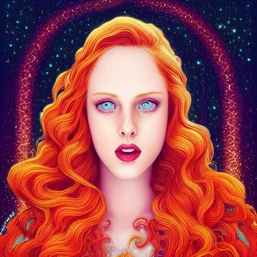 Deborah ann woll, her striking perfectly detailed clear eyes, her perfect, precisely detailed lightly freckled face, meticulously detailed long curly multi-hued ginger carrot cherry fire red hair, luminous colorful sparkles; by james r. eads, gawki, rajewel, tania rivilis, dan mumford, lisa frank, artgerm, greg rutkowski, alphonse mucha and william-adolphe bouguereau; glitter, airbrush, octane render, volumetric lighting, 16k, photorealistic digital painting, artstation, smooth, sharp focus, col