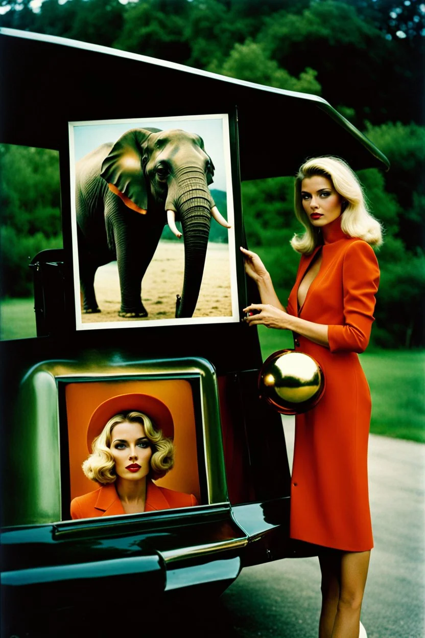 sixties, beautiful woman holding a piece of elephant art, Portra 400 film photo, analog inspiration, bubble, helmut newton, polaroid colors, realistic face, space age