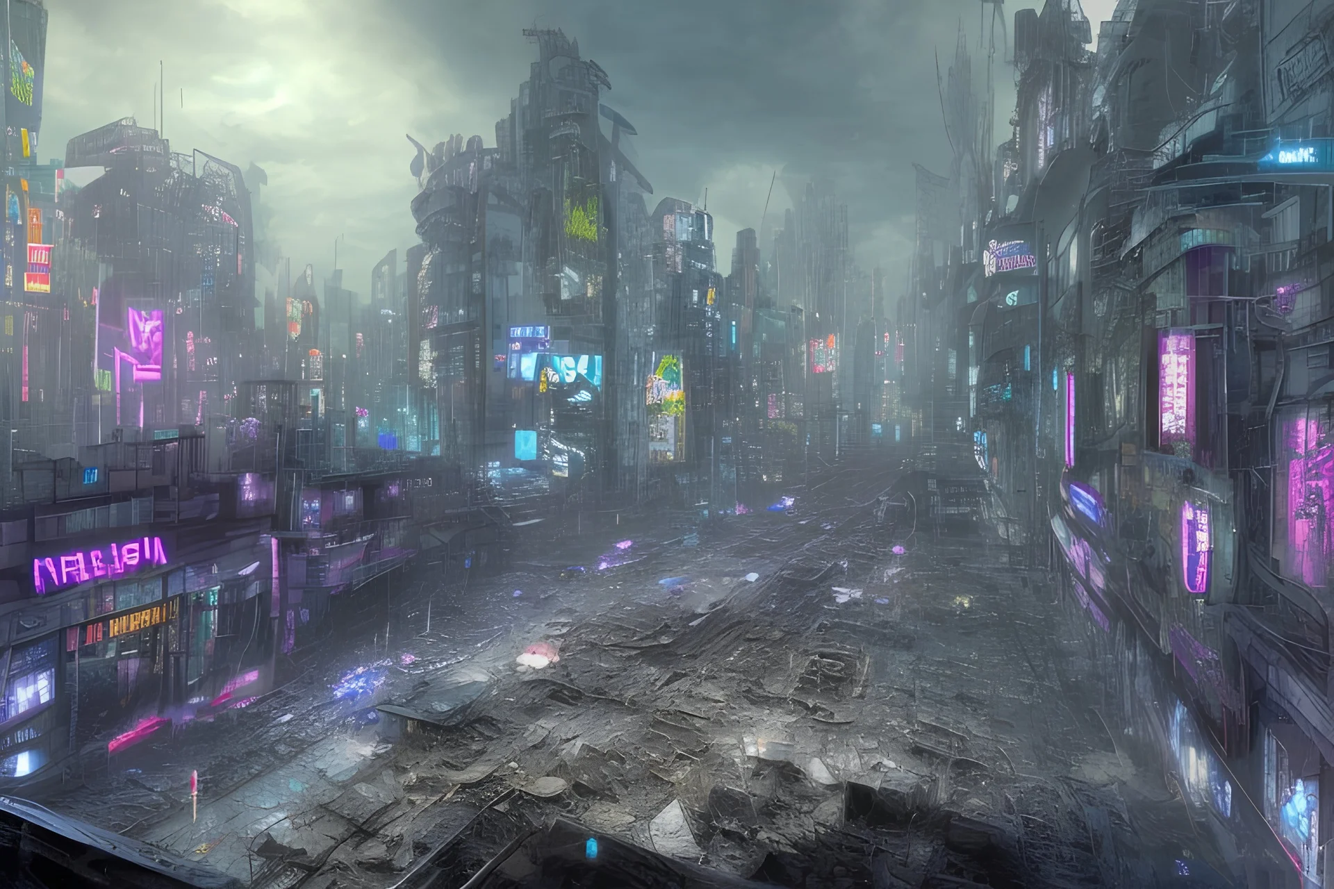pos-apocalyptic cyberpunk city with destroyed buildings, a plubicity showing the number "2222", illuminated purple neon, dark, high contrast