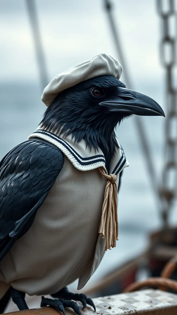 a crow wearing a sailer uniform, realistic , pro photography , high quality, and cinematic scene