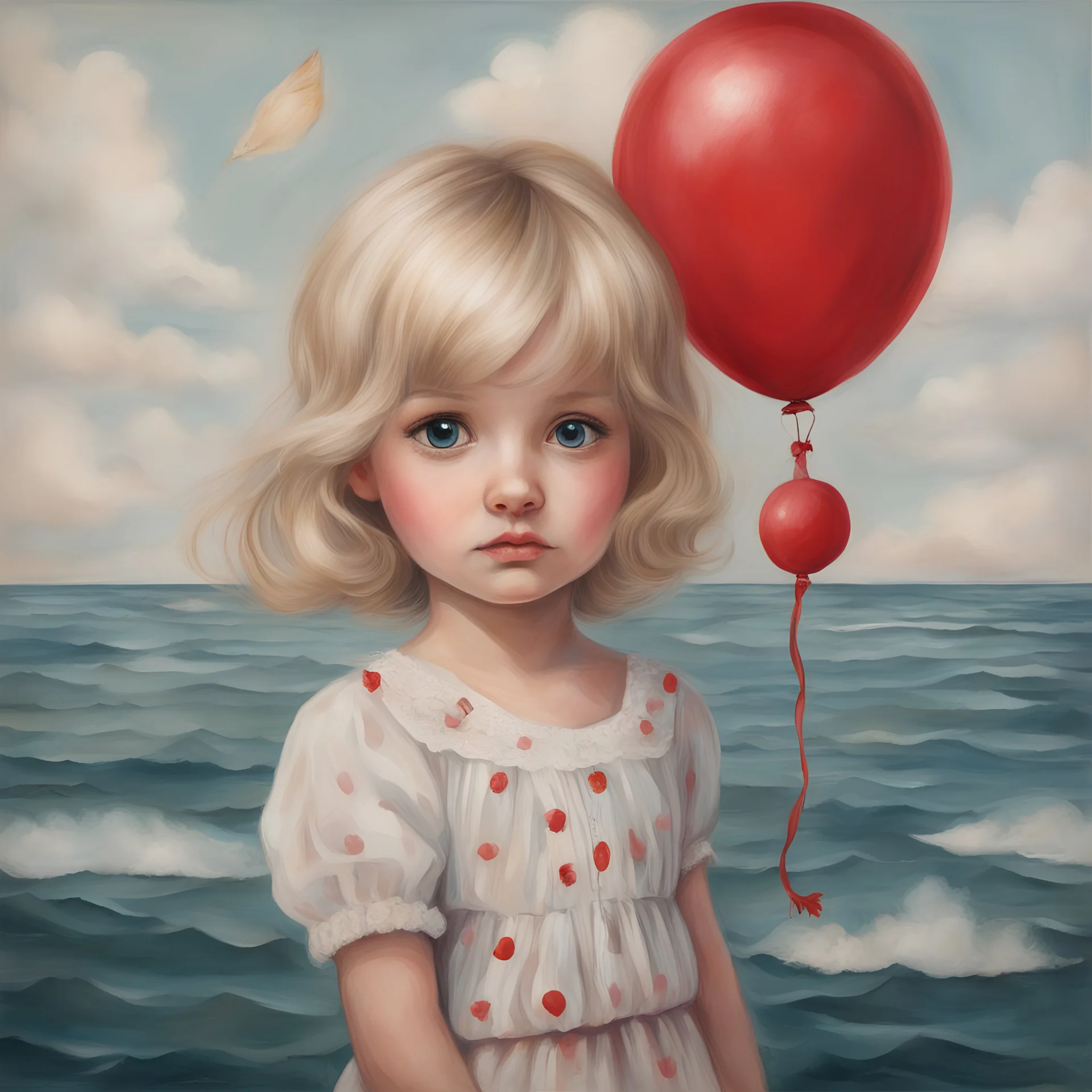 blond Little girl , in the style of Margaret Keane, she is on a red balloon over the sea