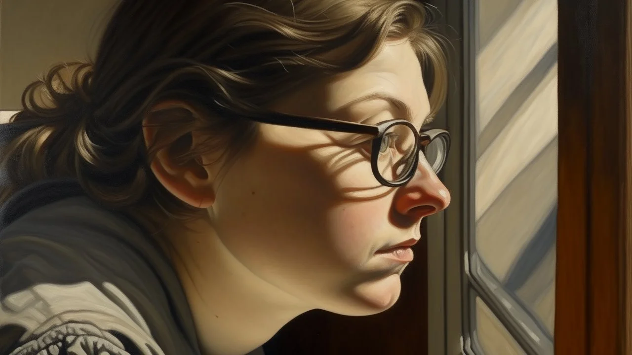 A detailed oil painting: a woman's serene visage, reflected in her glasses, lies behind a window. Her calm expression, framed by shadow, leads to an enigmatic figure in the distance at the point of view. The canvas rests on a floor with a muted hue, adding depth and perspective to the composition.