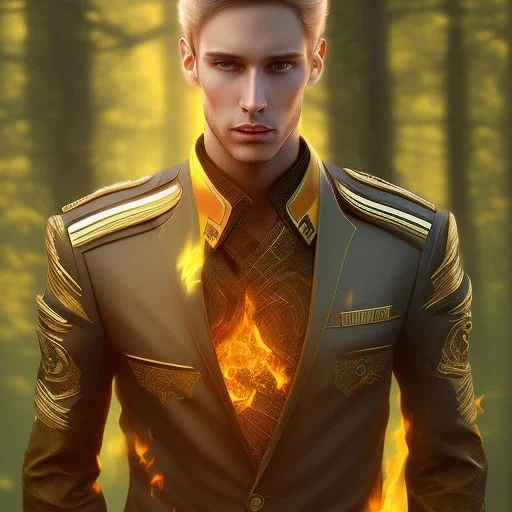 Male, Human, Blond, galactique, Fire Mage, Golden Eyes, Young, Photorealism, Full Body Shot, Forest Background