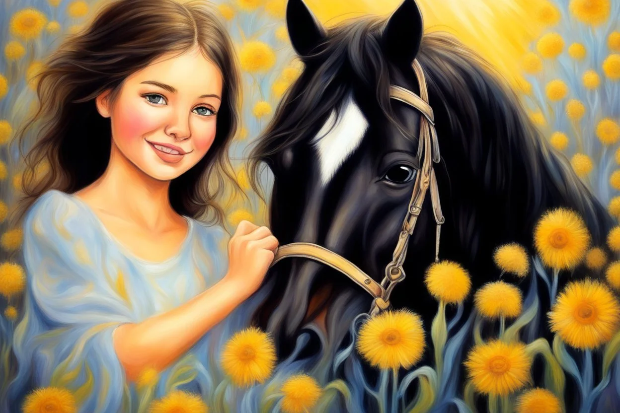 black light art, dramatic oil painting, flowerstorm, shading pastel and charcoal, cute chibi mohair brunette golden eyed happy woman with a horse in sunshine