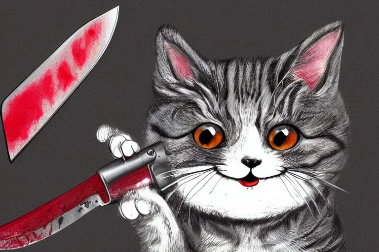 Cute cat diabolical smiling with a bloody knife with blood. Comic style