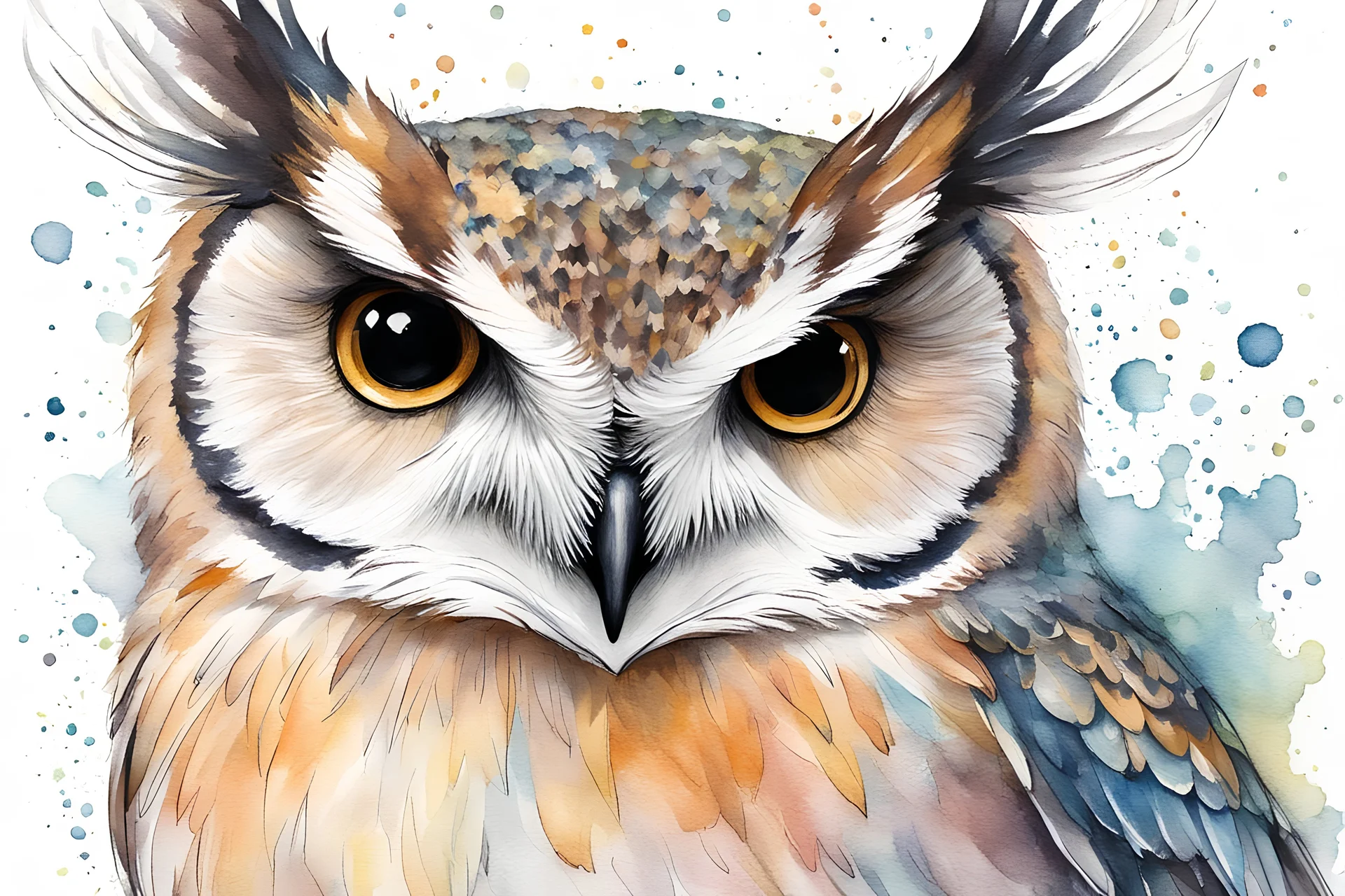 owl fly extreme close up with fairy friend on her, light watercolor splash, simple, hand drawn, beatrix potter style, pastel palette