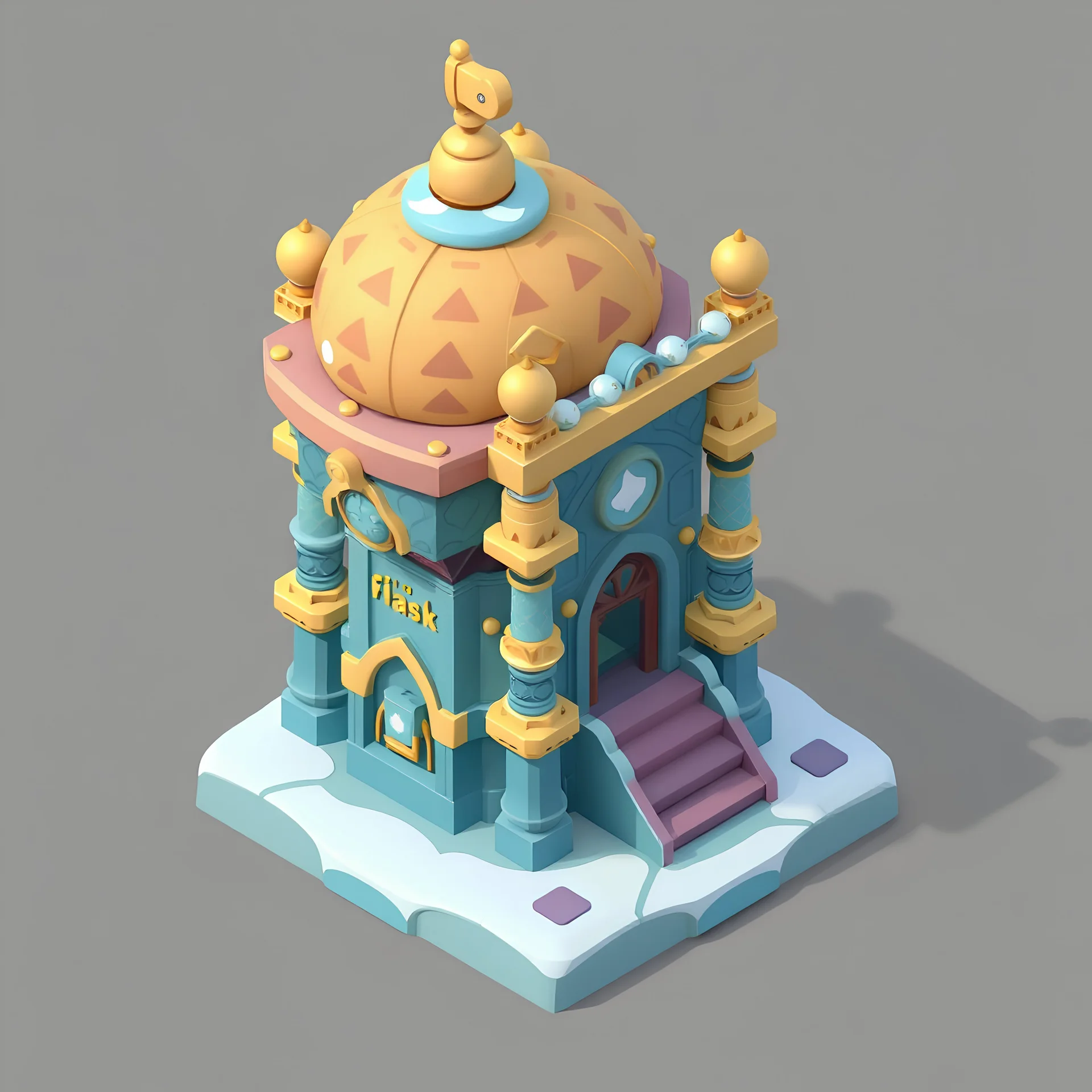 An ornate Ottoman-themed cryo thrower tower defense unit, featuring low detail. Designed as a cute, simple mobile game asset with an isometric view. The unit has a whimsical, decorative design, perfect for Unity or Blender projects.