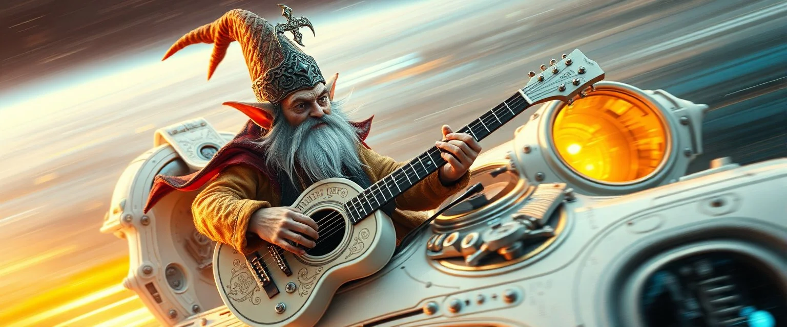 high speed blur, fluffy as hell illithid high priest gremlin guitar acoustic banger, instrumental, celtic, georgian, gypsy jazz, back on track portrait of space captain gnome lich, , priest psycho, in cockpit, celtic knot hollow tube transparent core ornate indented space ship, shiny bright mega ship flourescent white blue like bubble gum with a few big windows