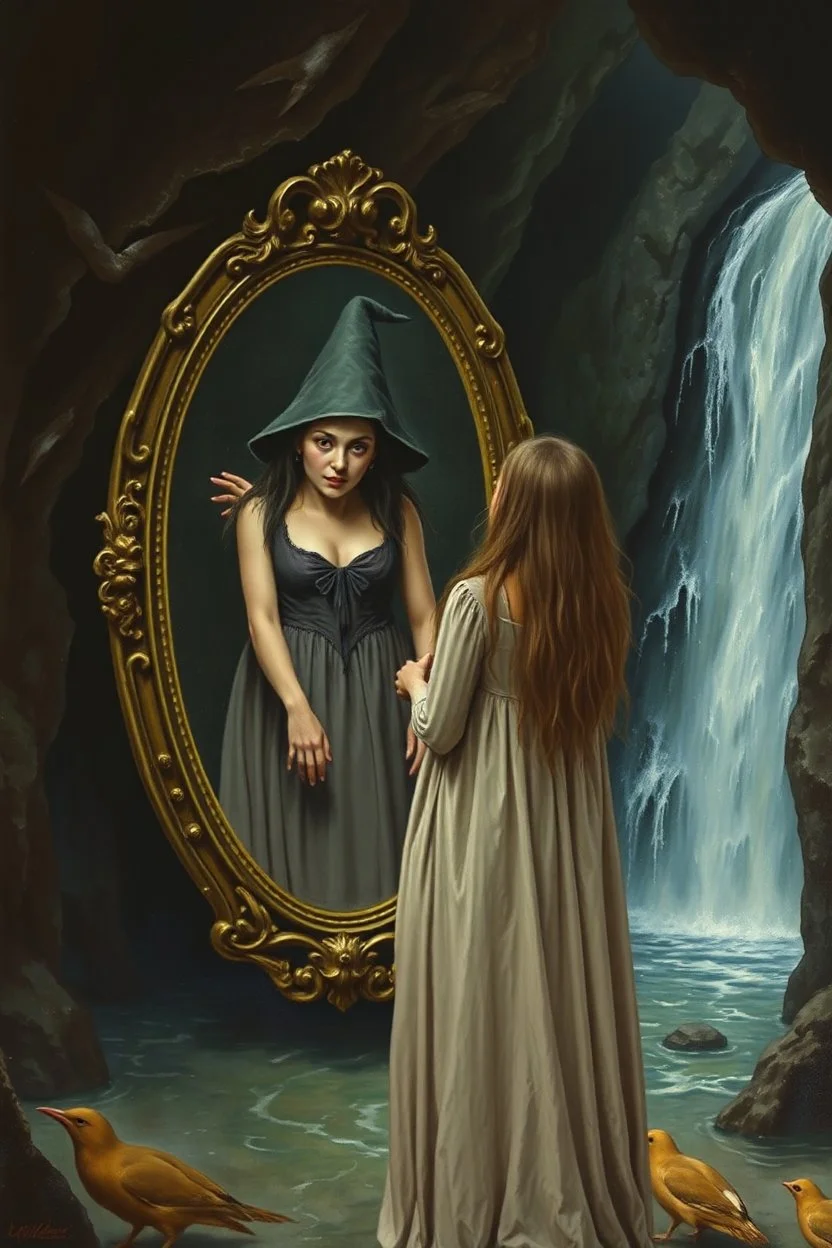 a woman standing in front of a mirror with reflection of her as witch creature in the mirror, in the dark cave with waterfalls in the background, Bosch painting style