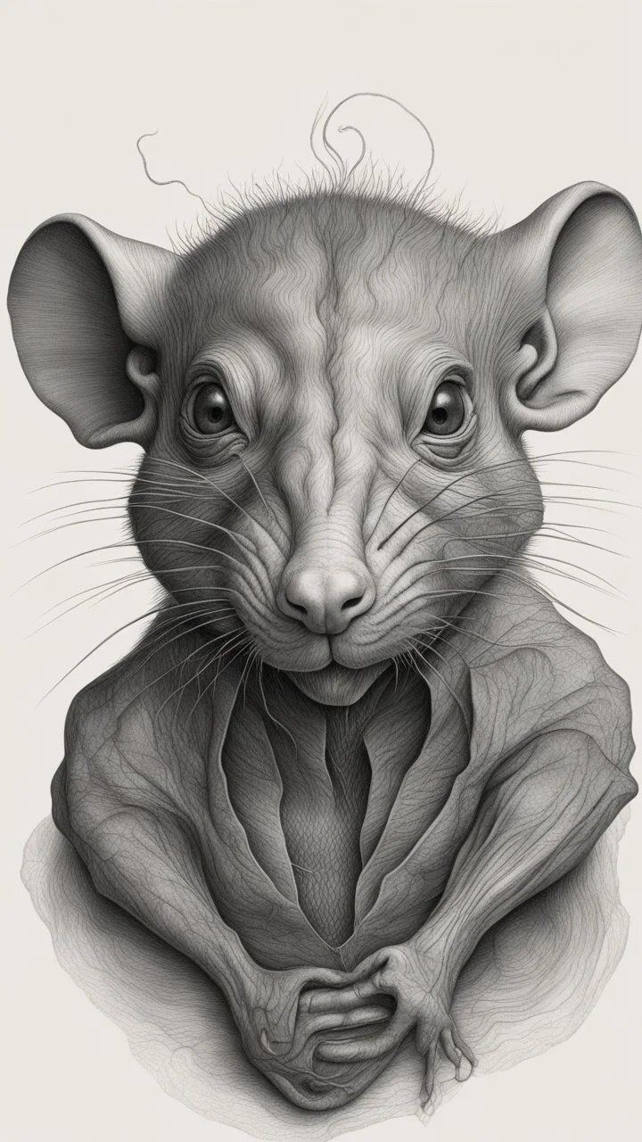 ππ§π€π’π₯π© highly detailed graphite illustration, A surreal rat face with exaggerated anatomical features, heavily wrinkled skin, and an intense, contemplative expression. bald head, thick eyebrows, long beard merge into swirling abstract shapes. Large, expressive hands, one covering the mouth and the other gripping the forehead tensely. Mysterious, introspective, dreamlike, somewhat dark fantasy. #ππ§πart #prompt