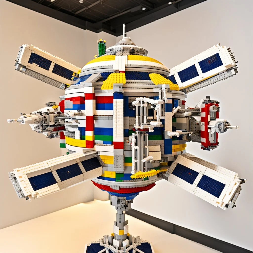 An orbiting space station constructed entirely out of Legos