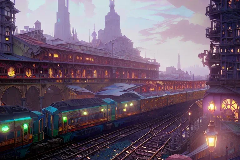 close up train+Elevated train+turin corner building+Italian colourful sea village +alphonse mucha, greg rutkowski,matte painting, cryengine, hyper detailed, felix kelly, fantasy art, seb mckinnon