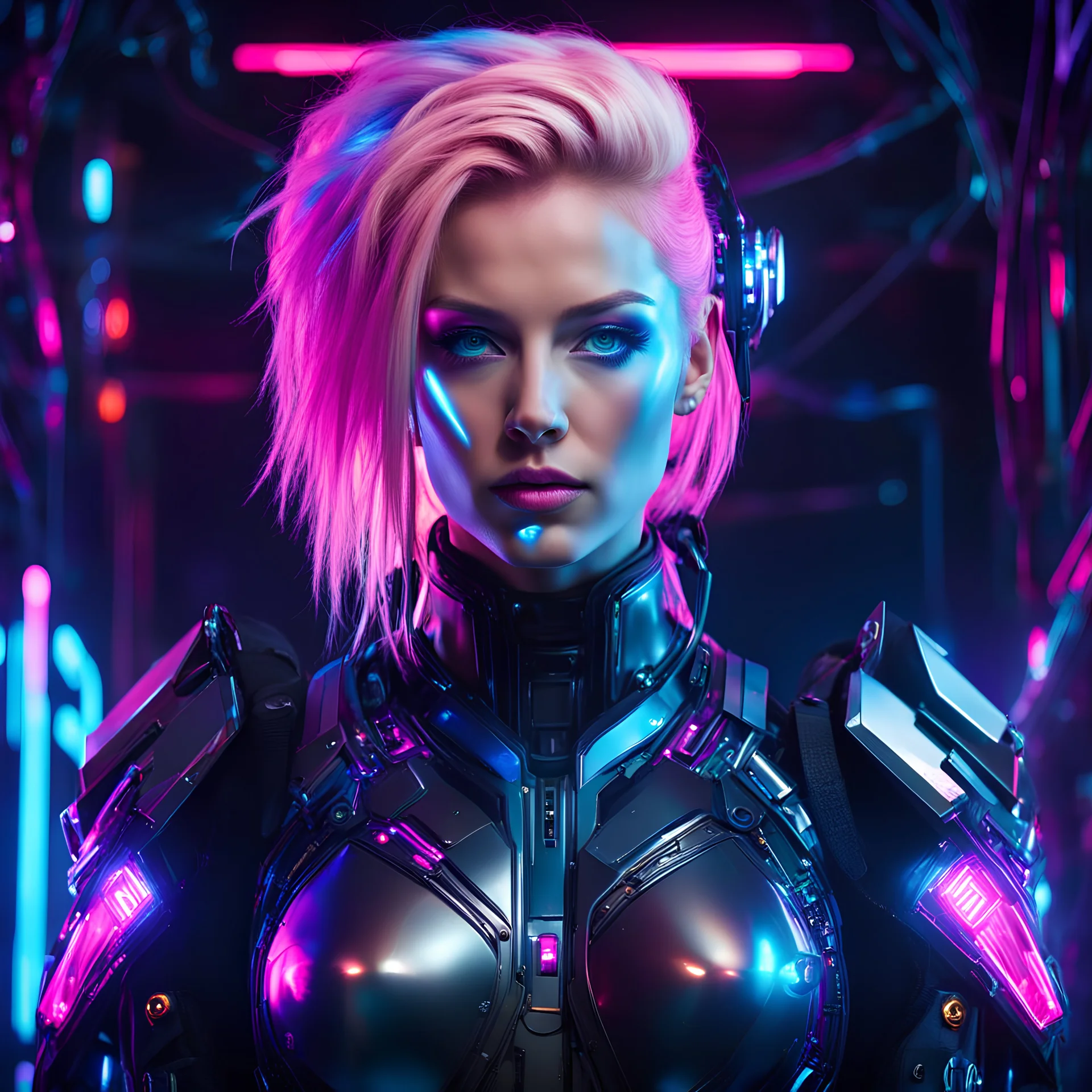 full body portrait of Cyberpunk woman, portrait. Pink and blonde hair. blue eyes,Revealing cyberpunk . Shiny metal. Colourful. Midnight. Neon lights. Ominous" neon cyberpunk Cyberpunk. futuristic neon" Cyborg, Galaxy, Robot, Science Fiction, Clock Punk Luminous, Deep Colors, Clean Nature, Vines,"