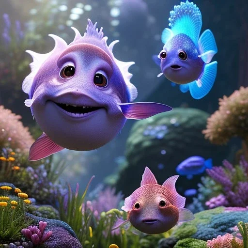 pixar style, volumetric summer garden environment and background, realistic painting of a fish, looking excited, detailed digital painting, extreme dense and fine fur, anime, ornate, colour-washed colors, elegant, small minutiae, tiny features, particulars, centered, smooth, sharp focus, renderman gofur render, 8k, uhd, detailed eyes, realistic shaded volumetric lighting, sunlight caustics, backlight, centered camera view