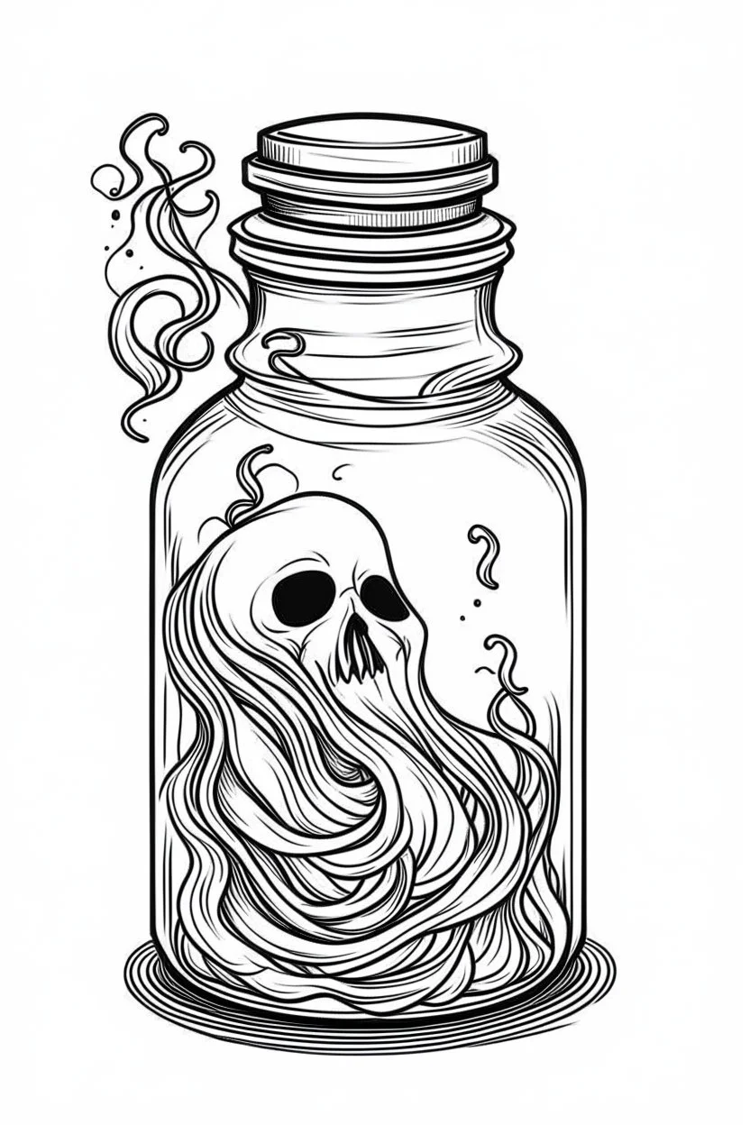 spooky ghost stuck in the jar idea, line art, background, vector, svg, black outline on white background, leave plenty of white space beetween lines for coloring, tattoo style, tattoo idea,full body, minimalist