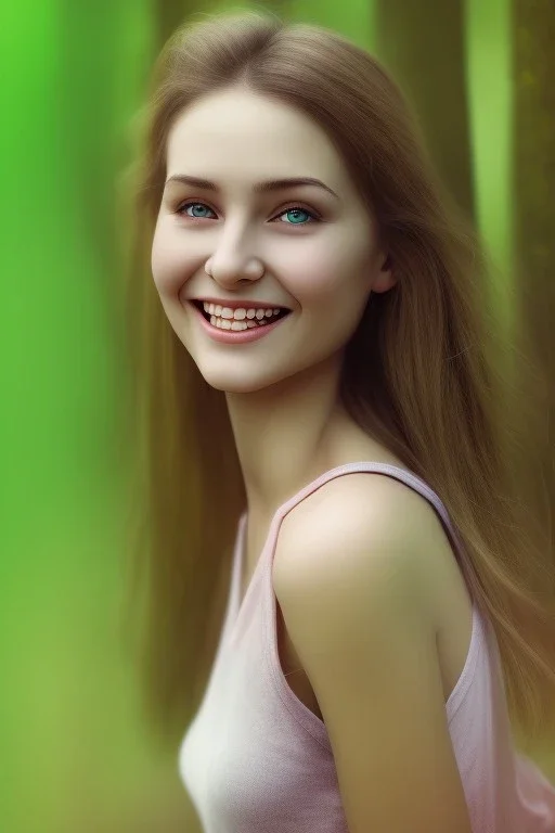 Beautiful pretty smile of girl in picture in míní forrest afternoon, 12k resolution, super HD, detail realístiC PHOTOGRAPH