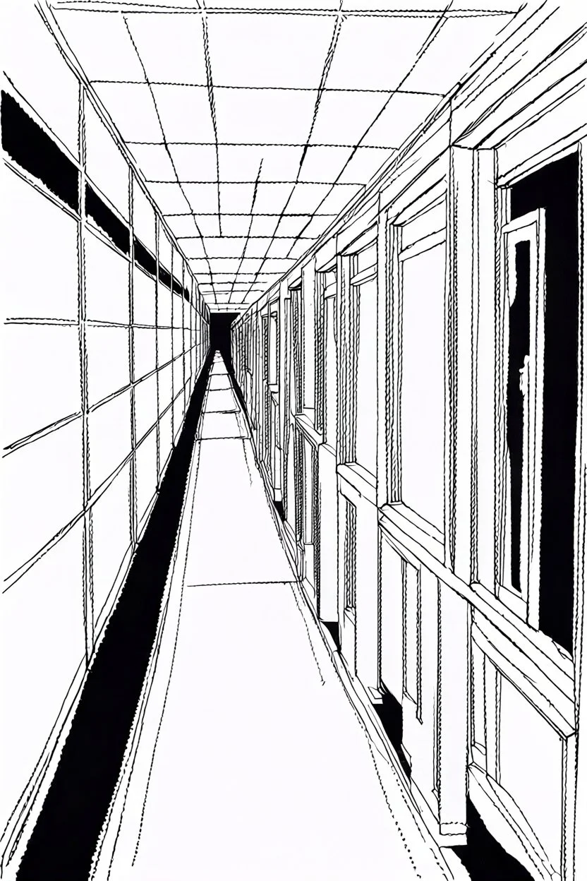 Corridor in the dark, lateral view, line arts, manga style