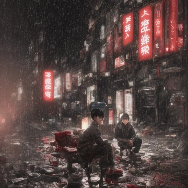 just a distant japanese only boy, Christmas night, photo from behind, black hair, sitting on floor, akira red jacket with pill in the back, tokyo post apocalyptic, rain, extremely detailed, extremely realistic