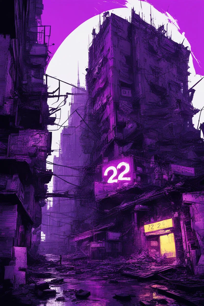 pos-apocalyptic cyberpunk city with destroyed buildings, a plubicity showing the number "2222", illuminated purple neon, dark, high contrast