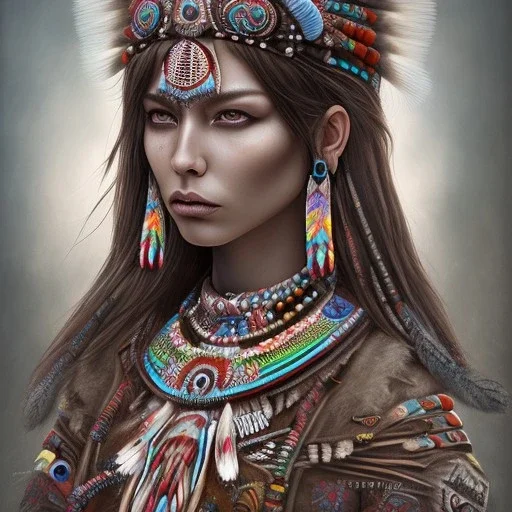 war painted pueblo Indian female, dark, disturbed expression.intricate detailethnically accurate face, intricate head dress, detailed make-up, detailed turquoise jewelry, detailed hair, detailed feathers, use dynamic palette, accurate proportions, high contrast black smokey bokeh background.Chie Yoshii style