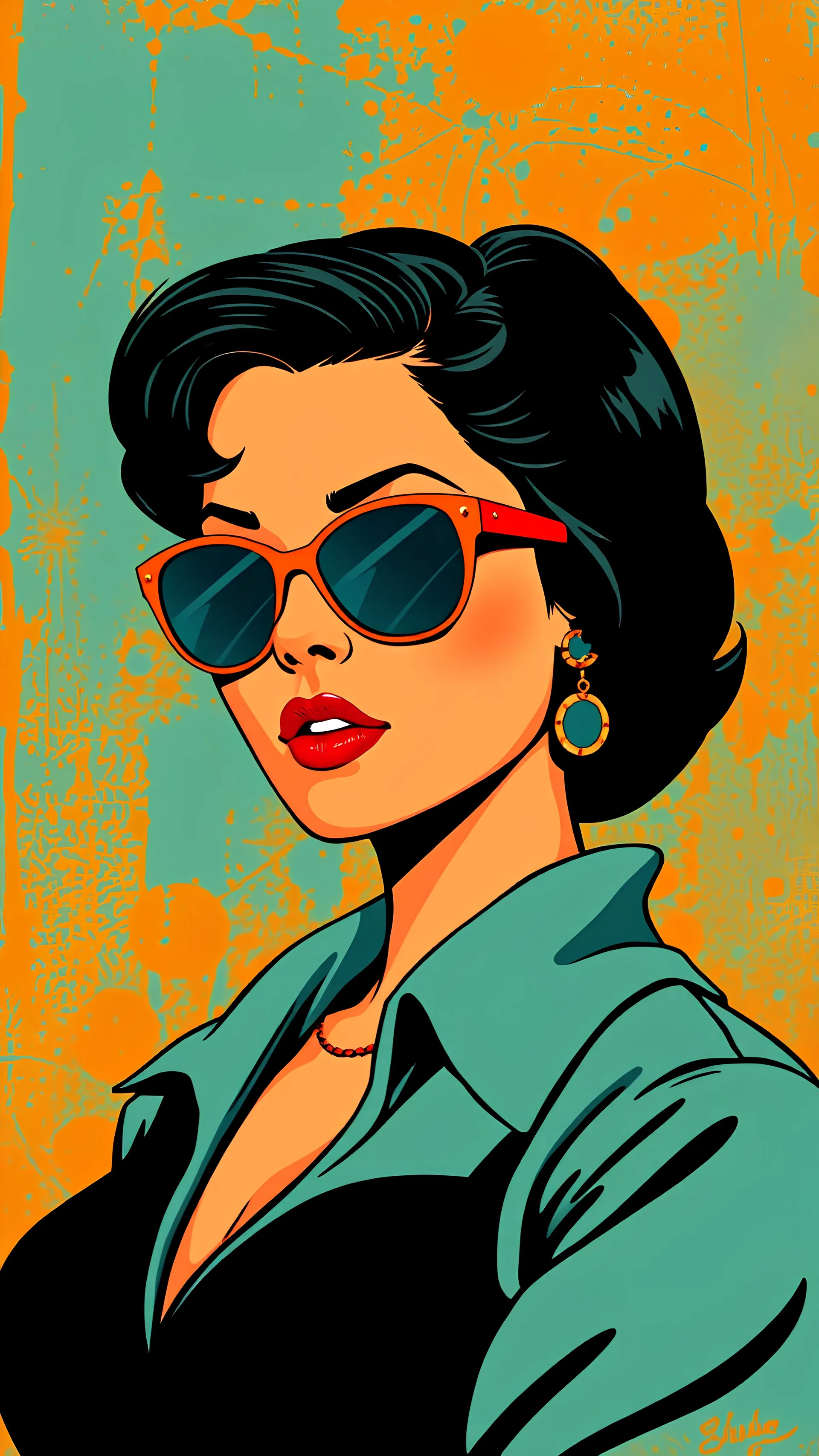 A retro illustration of a woman with sunglasses and short black hair, wearing teal , against a bright orange-blue Otto Dix textured background, in the style of vintage poster design, in the style of Hugh Kretschmer, in the style of Ross Tran, in the style of Fluid Forms, in the style of Peter Max, and in the style of J.C. Le Capitaine, high resolution.