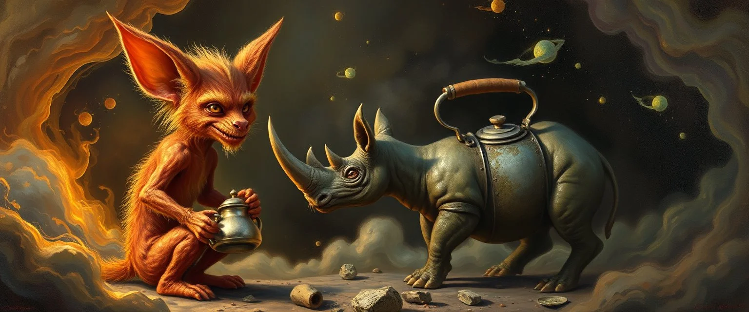 fuzz sponge tube gremlin fox demon in the astral realm with a tea kettle rhino, painted by Rembrandt