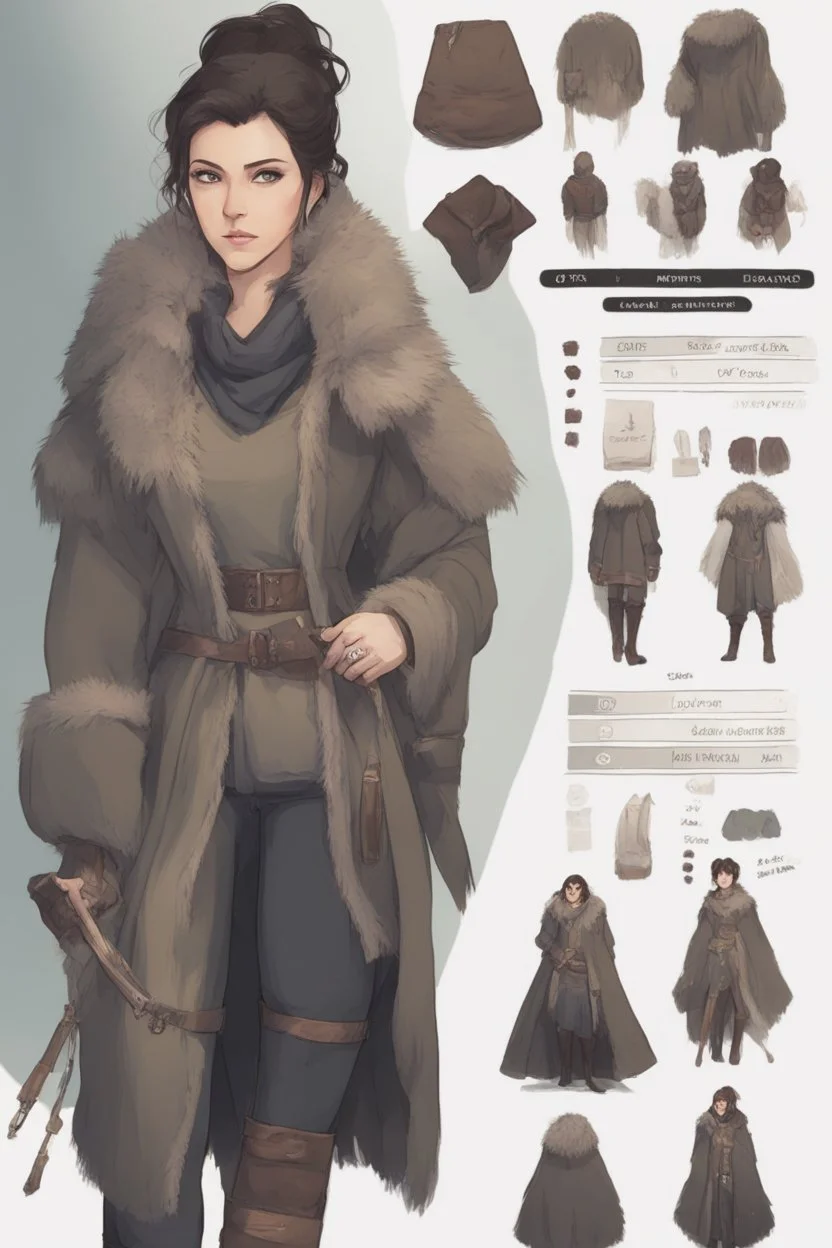 A dnd character sheet. A woman dressed for the cold north dressed in dark furs, with brown hair