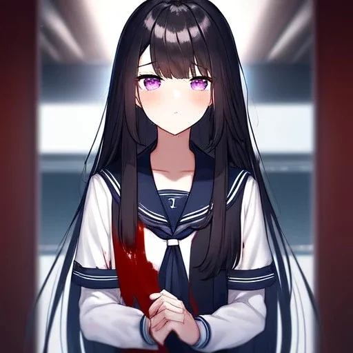 Clear focus,High resolution, Black long straight hair, Long bangs, and purple eyes, Looking down on you, wearing a sailor uniform that is black and red, sighing, Detailed hair,Bloody, Frowning