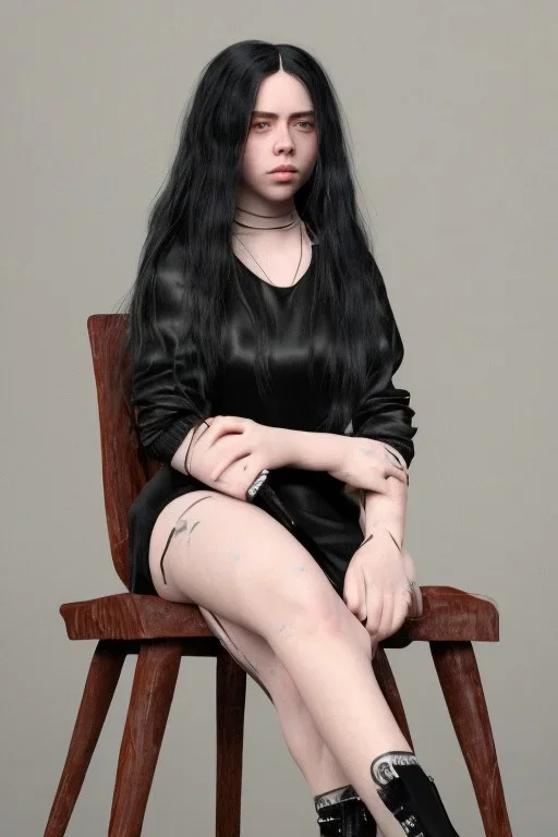 Billie Eilish, sitting on a chair, Black Short Dress, high detail, realistic