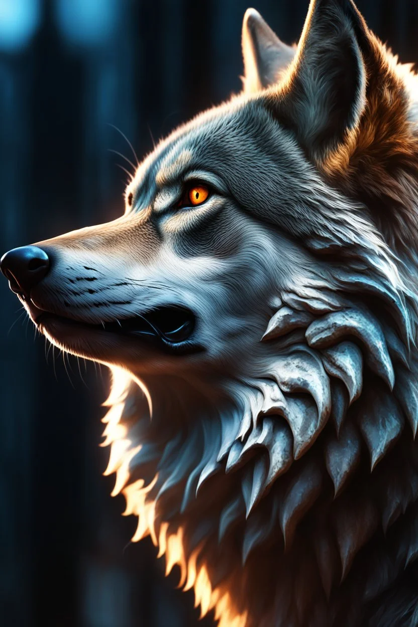 image of a large wolfs head in profile. 4k. Photorealistic. Urban fantasy