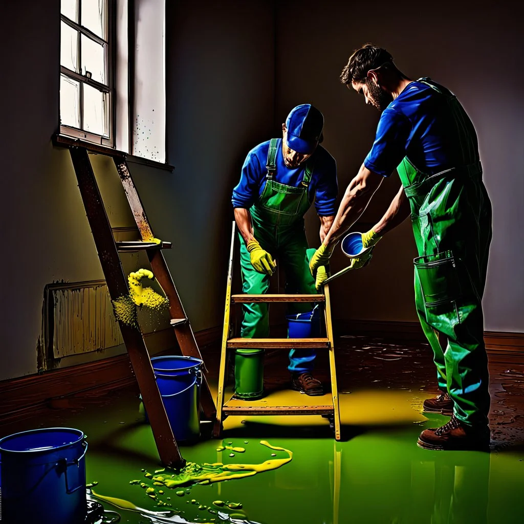 Painters in overalls stained with lime stains Standing on a ladder and painting green A room with a window, on the floor near the ladder Open paint cans, a can of yellow paint and a can of blue paint spilled on the floor creating a mixed puddle of beautiful colors, ultra-realistic shot, photo, 12K