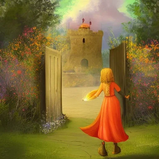  Castle into sky, with flowers of fire. Green clouds and birds. Shy girl going out of the main gate. Detailed painting, soft color, medieval, intricate detail, far sceen, complementary colors, medieval concept art, spring.