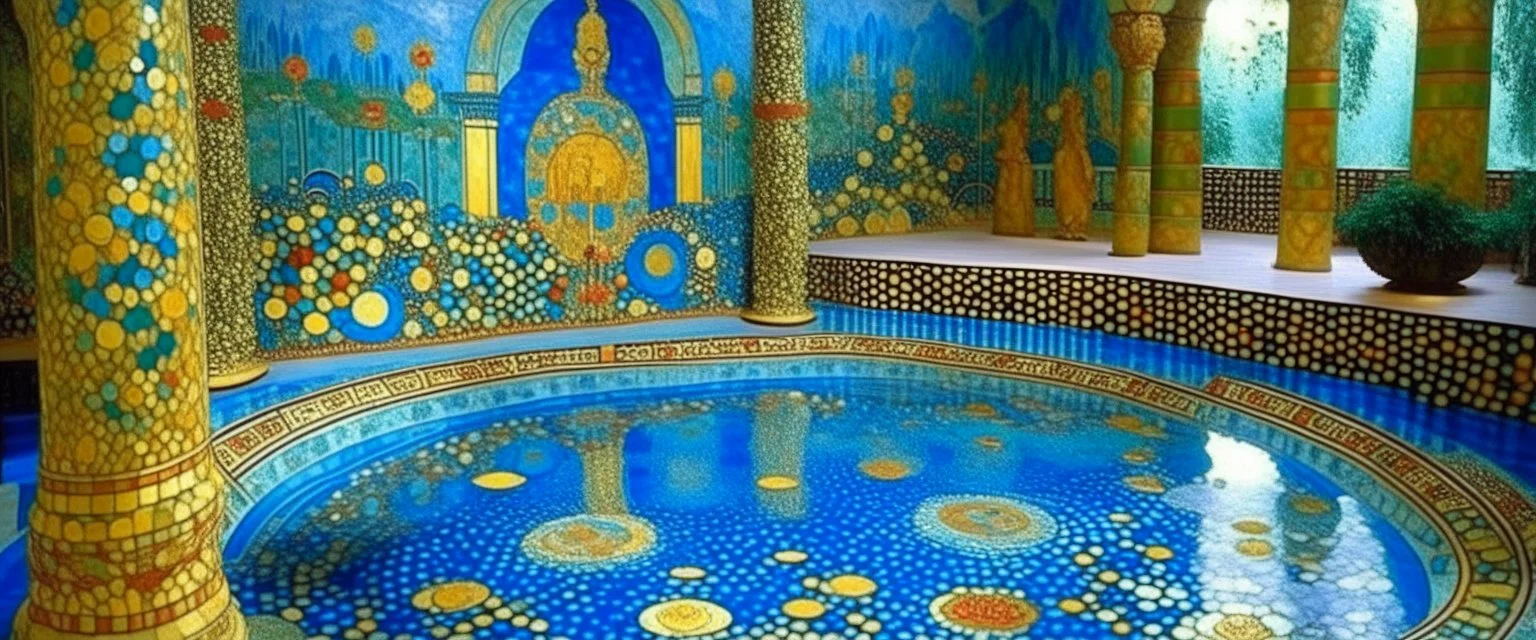 A blue oasis near an Egyptian palace designed in Ica stones painted by Gustav Klimt