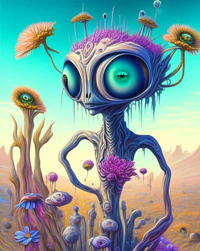 an ethereal alien creature with three eyes, with several extra limbs and slender composition, is i transitioning wild landscape full of flowers , highly polished, chrome airbrush style, dreamlike composition, color penciling color palette, surrealistic retro-futurism, fantasy, vintage scifi, psychedelic aesthetic, Camilla d'errica, pop surrealism, highly detailed, arthur lismet, artstation, 1960s psychedelic drawing, smooth